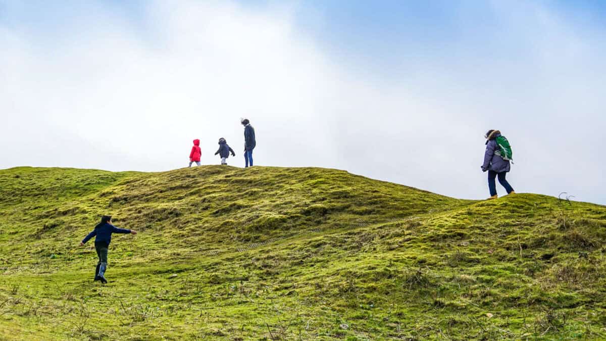 Family walking together across a grassy hill under a bright sky