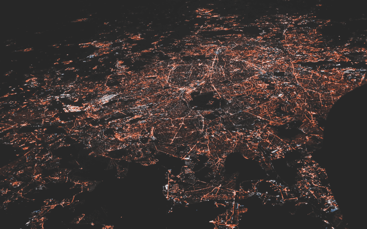 Aerial city lights representing a connected urban network