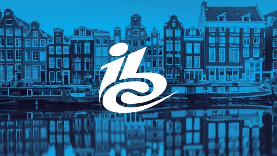 IBC Amsterdam event logo over a blue city illustration