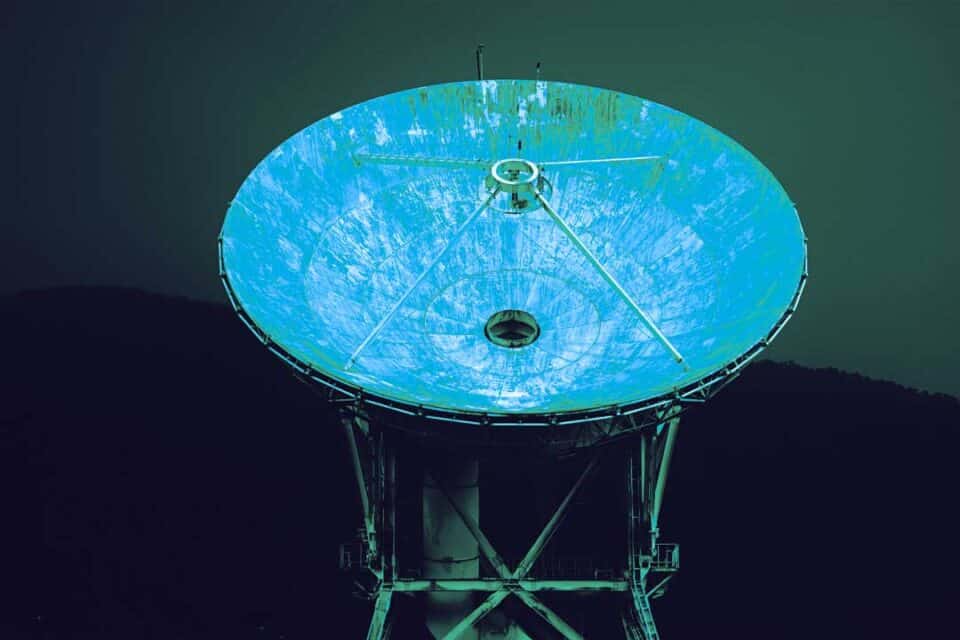 Circular satellite data display inside a technology venue