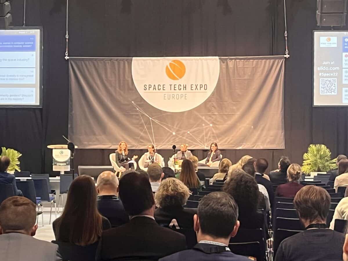 Space Tech Expo conference stage displaying industry presentation screens