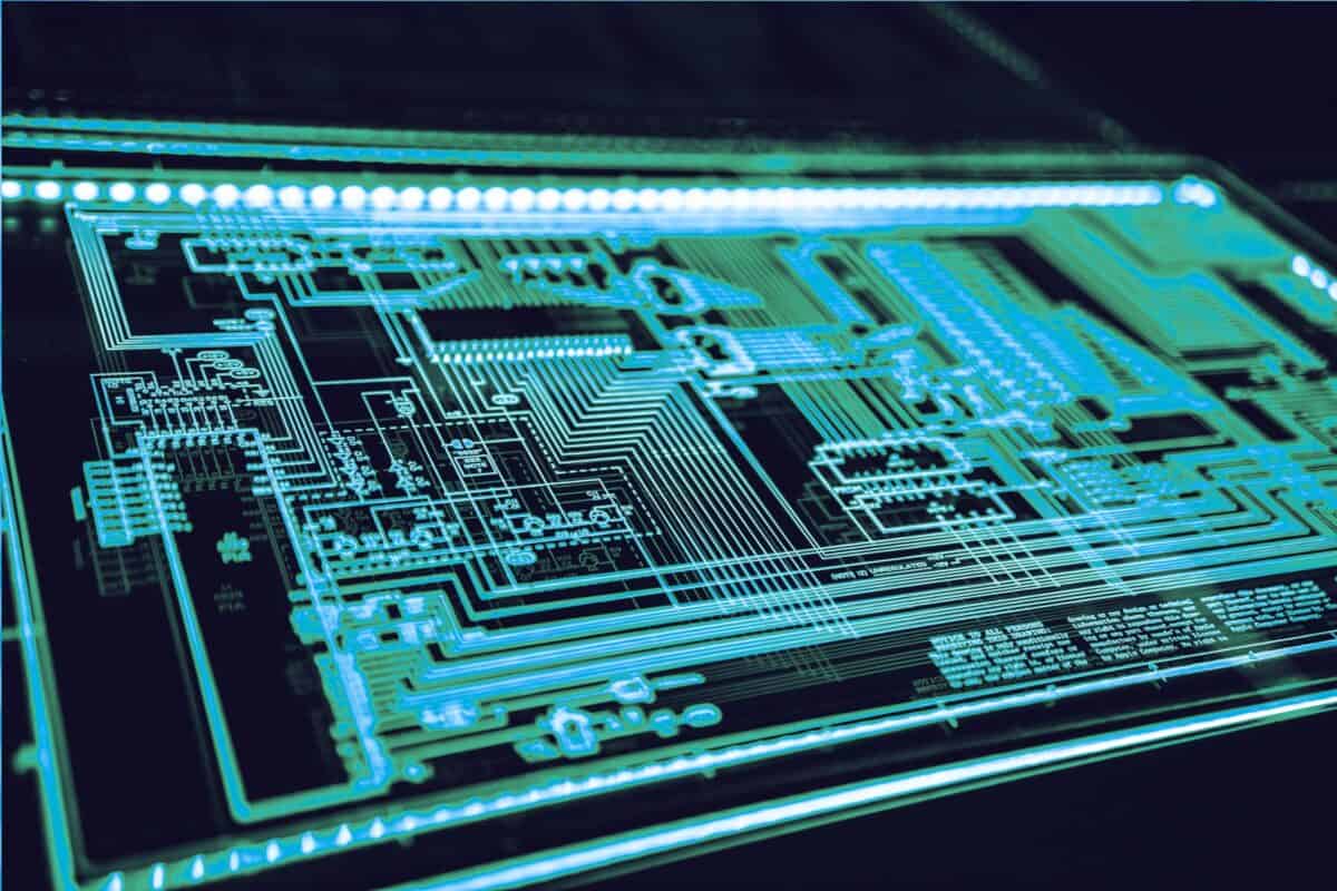 Detailed electronic circuit board representing modern cyber security technology