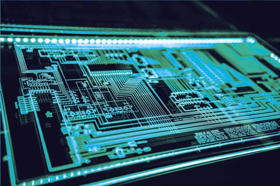 Detailed electronic circuit board representing modern cyber security technology