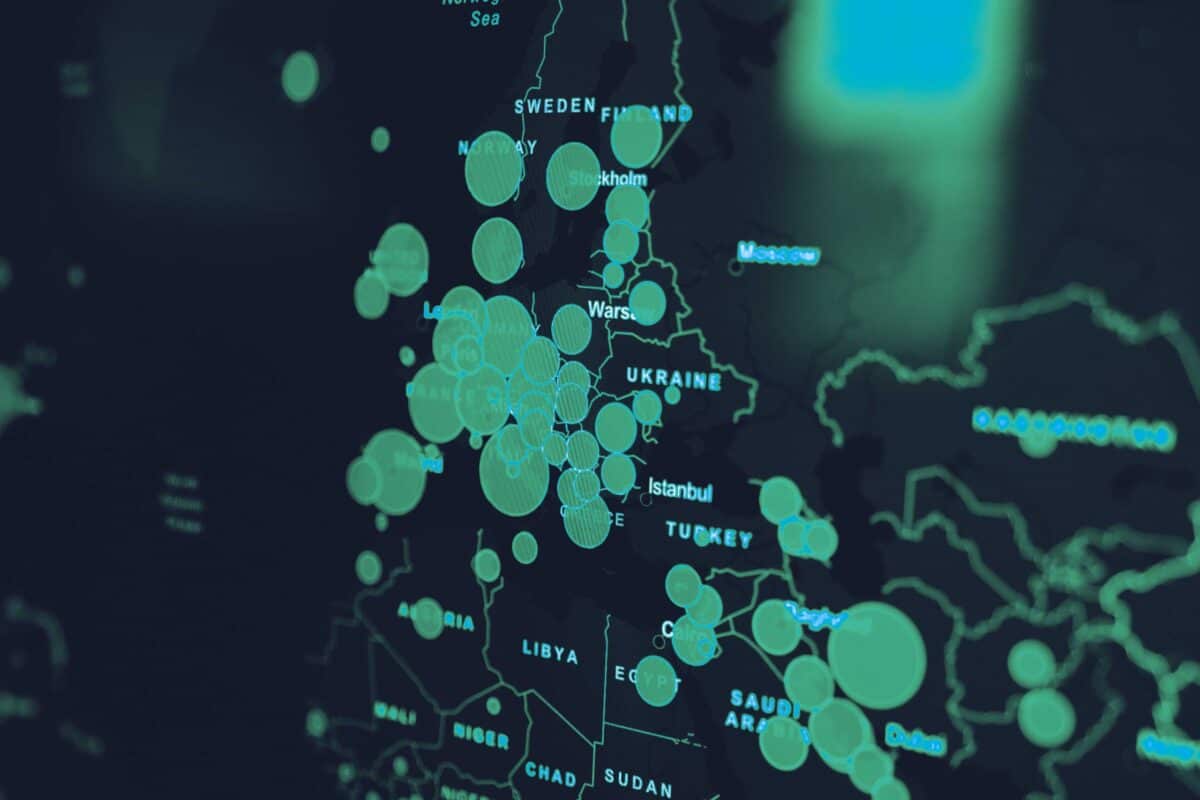 Digital world map with connected points representing global cyber security
