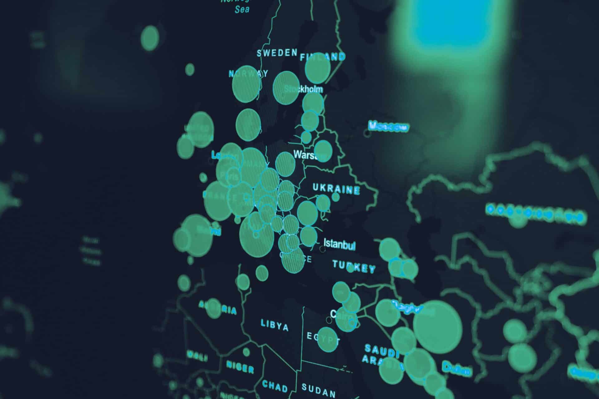 Digital world map with connected points representing global cyber security