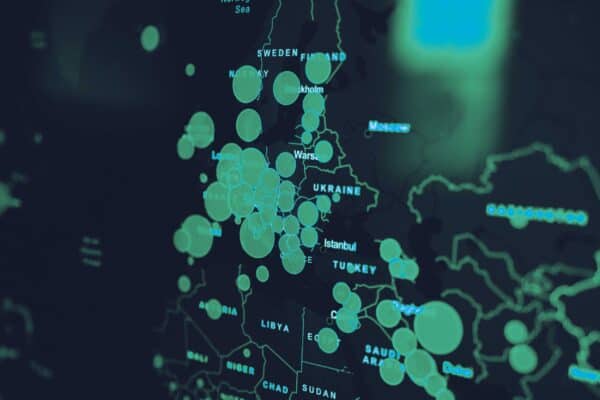 Digital world map with connected points representing global cyber security