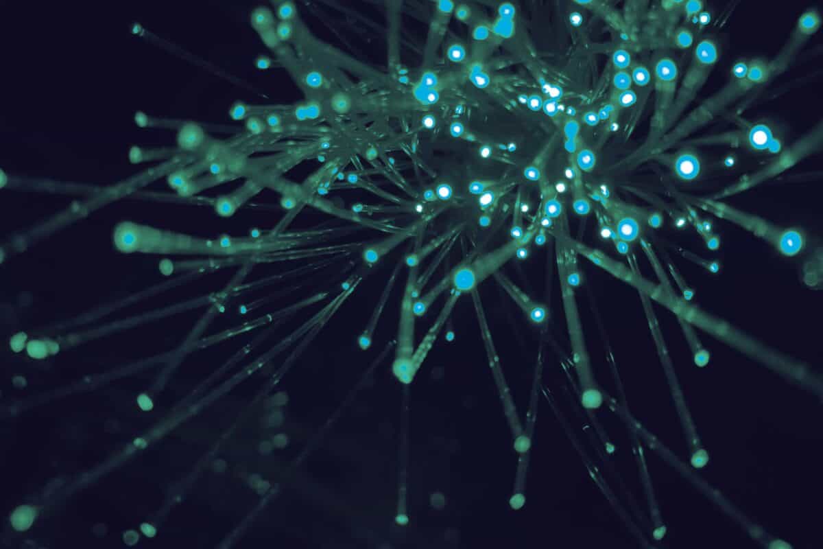 Glowing network connections representing digital content distribution
