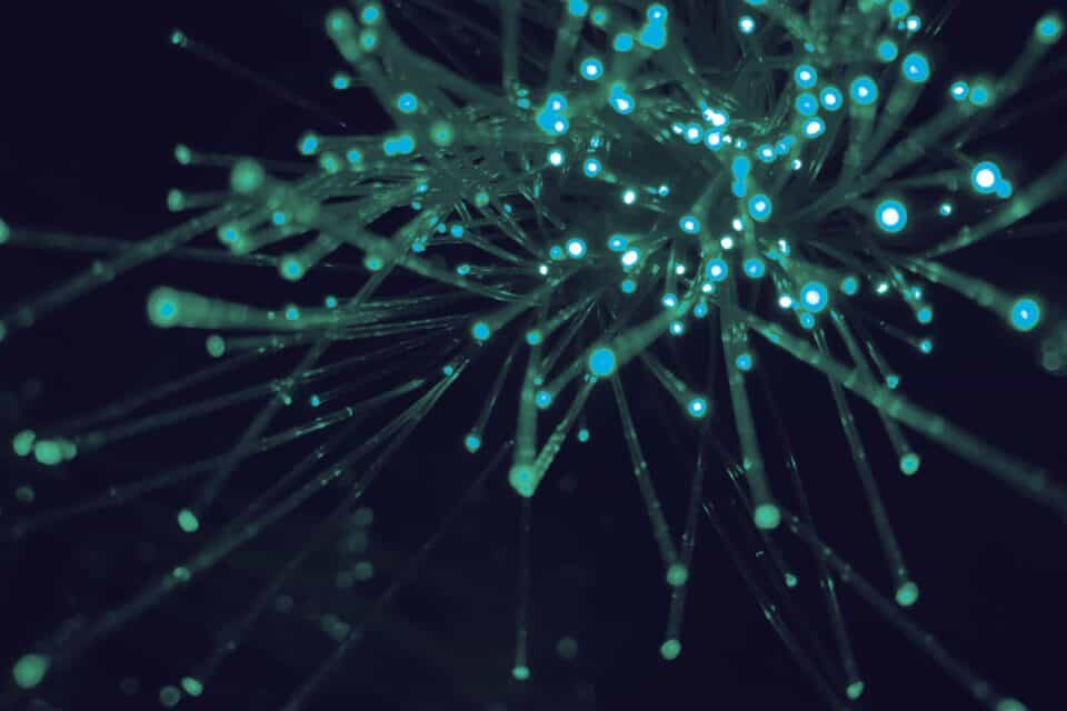 Glowing network connections representing digital content distribution