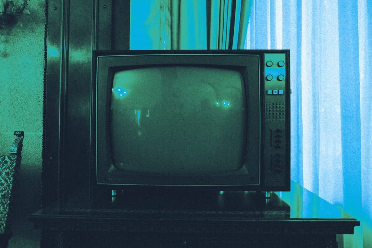 Retro television display representing the history of broadcast media