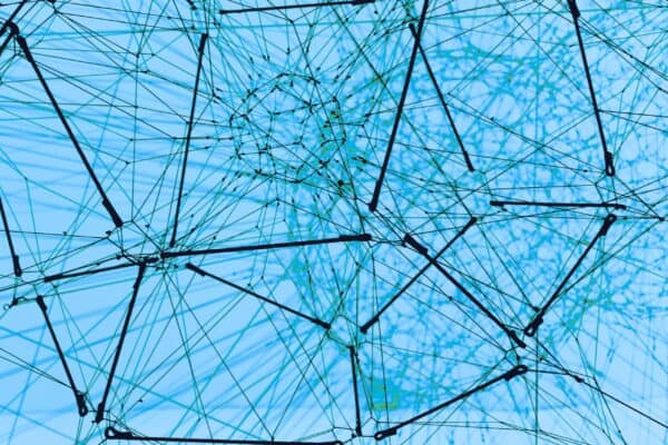 Interconnected lines and nodes forming a digital cyber security network