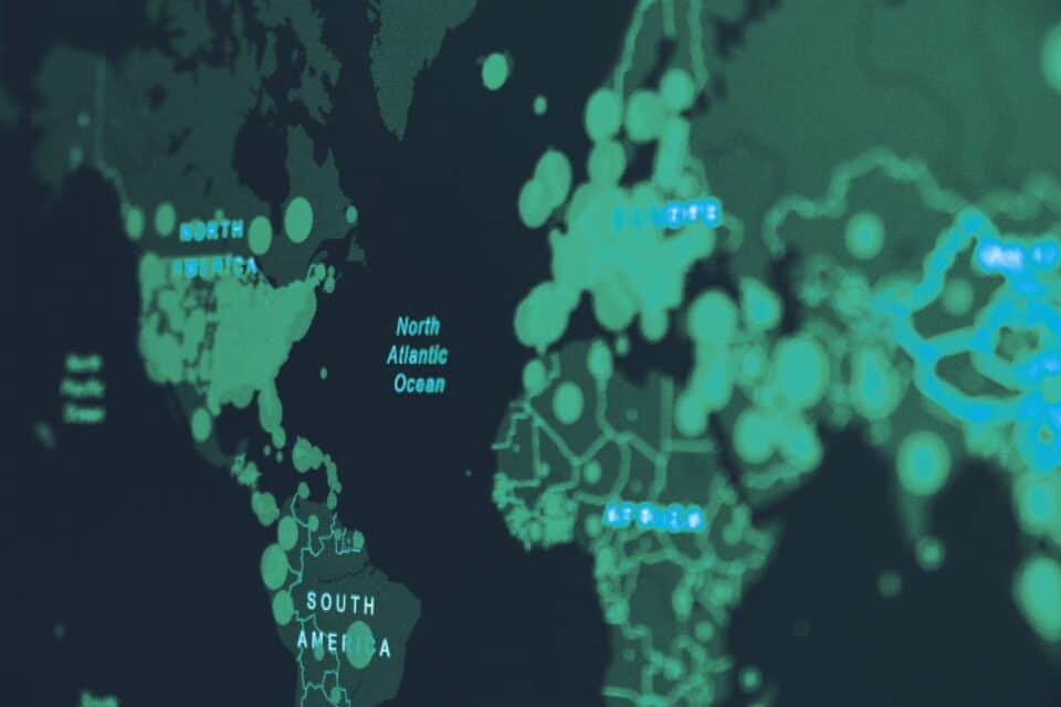 Digital world map showing interconnected satellite communications routes
