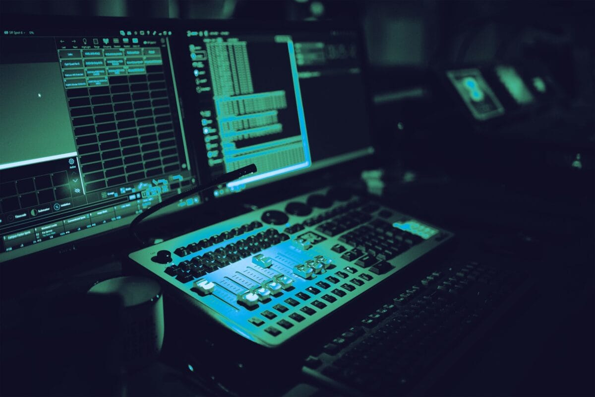Computer screens and controls used for professional media production