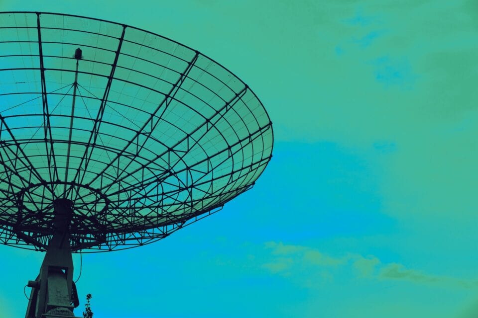 Wireframe satellite dish illustrating communications and connectivity technology