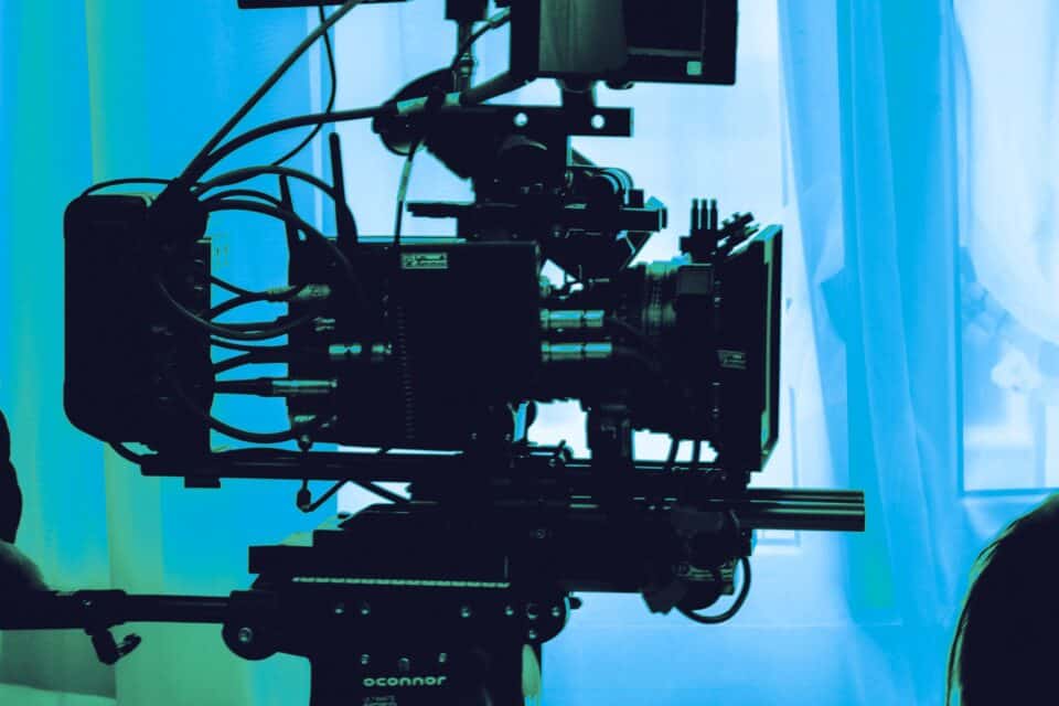 Professional video camera positioned for content and media production