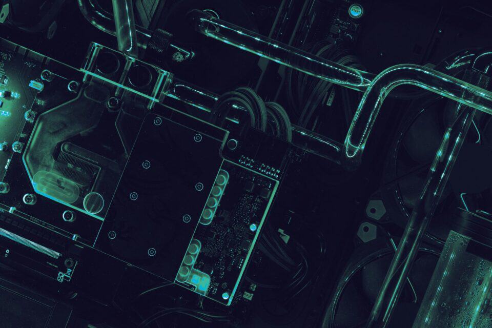 Glowing lines and data points across a dark digital network