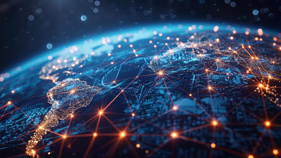 Glowing connections across Earth representing global telecommunications connectivity