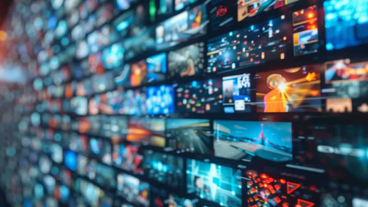 Colourful wall of screens showing digital streaming content