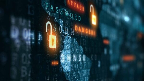 Digital password symbols and padlocks representing cyber security protection