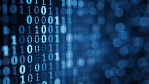 Blue binary code representing protected digital information