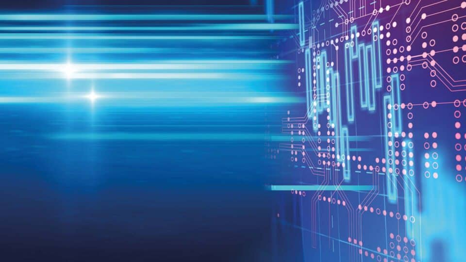Blue data lines flowing through telecommunications infrastructure