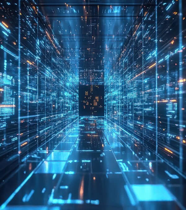 Blue digital cityscape representing connected telecommunications infrastructure