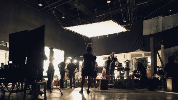 Studio lighting above a professional content production set