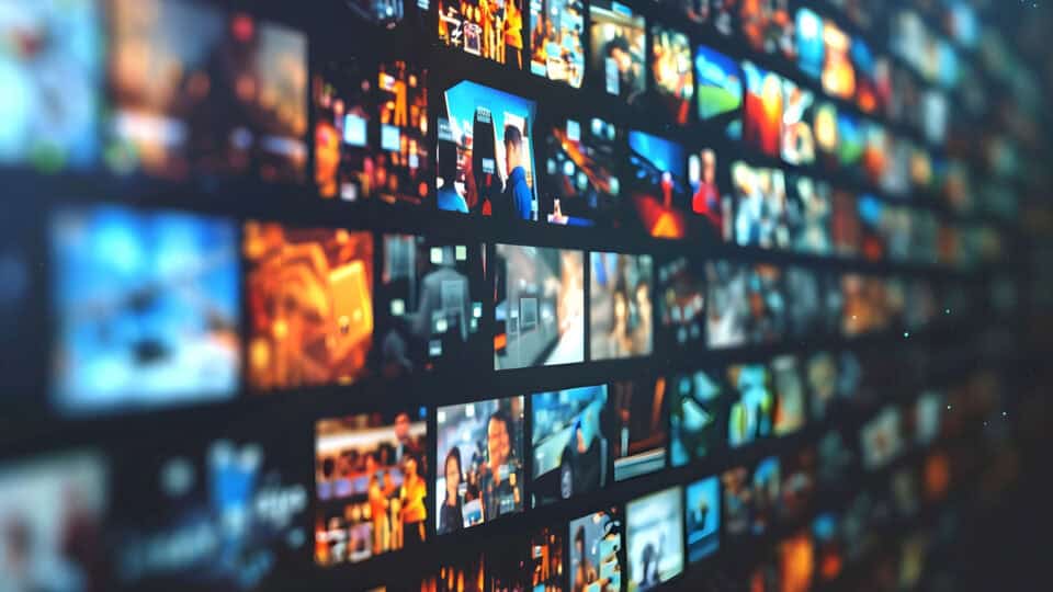 Wall of colourful screens representing digital content and media
