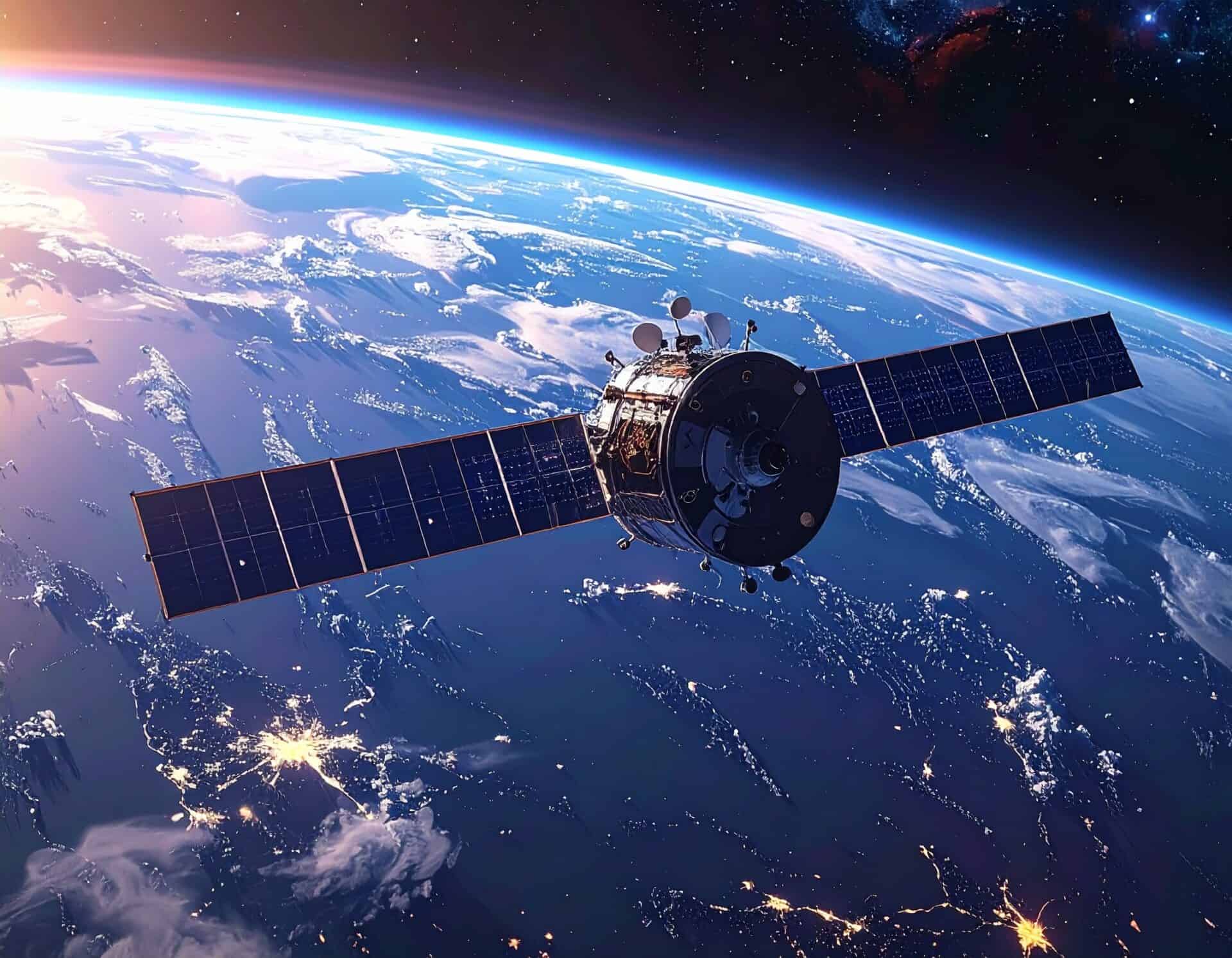Satellite communications spacecraft orbiting above the curved Earth