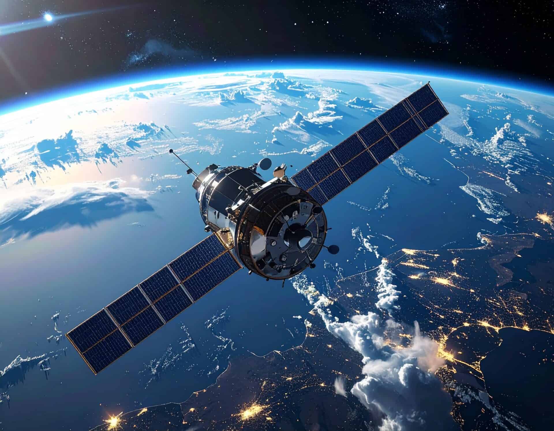 Satellite communications spacecraft orbiting above the curved Earth