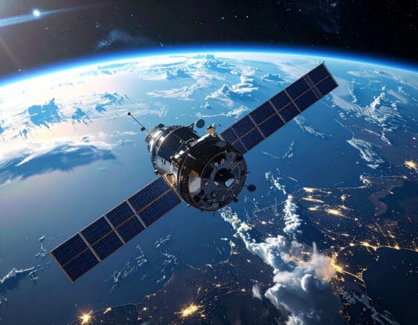 Satellite communications spacecraft orbiting above the curved Earth