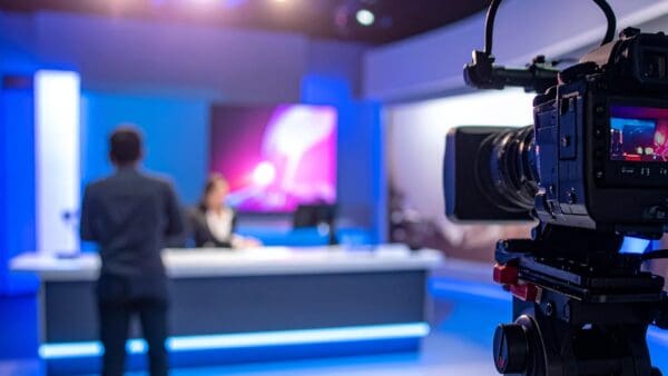 Professional studio camera against colourful lights in a media production space