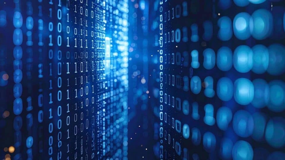 Blue binary code streaming vertically in a cyber security graphic