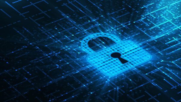 Padlock displayed over a blue digital security grid