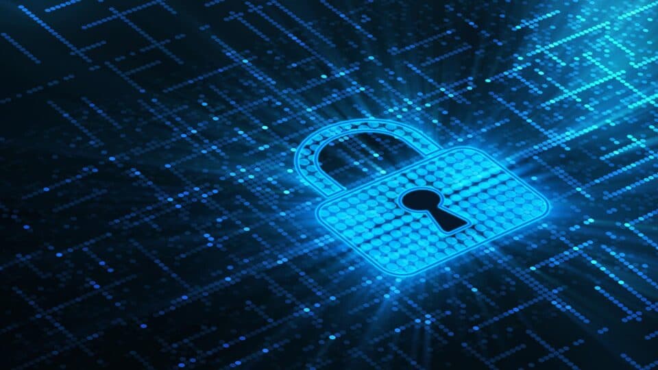 Padlock displayed over a blue digital security grid