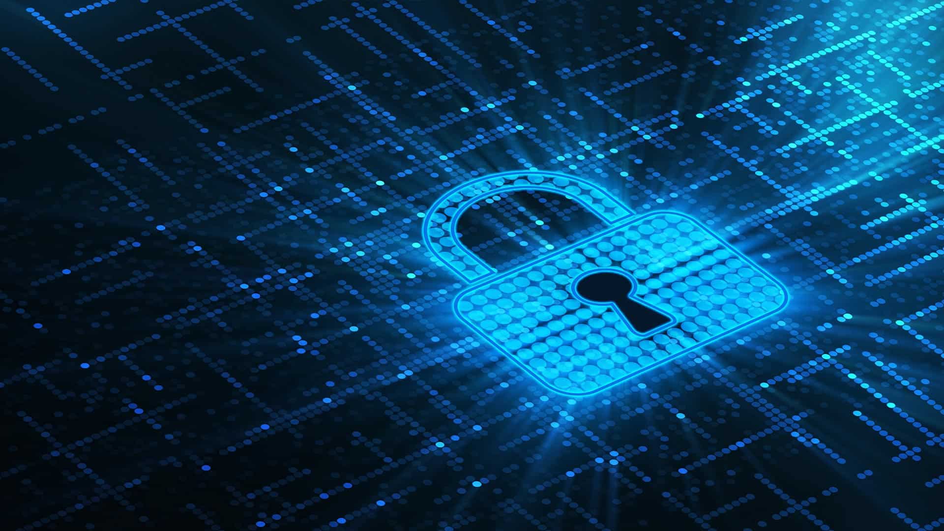 Padlock displayed over a blue digital security grid