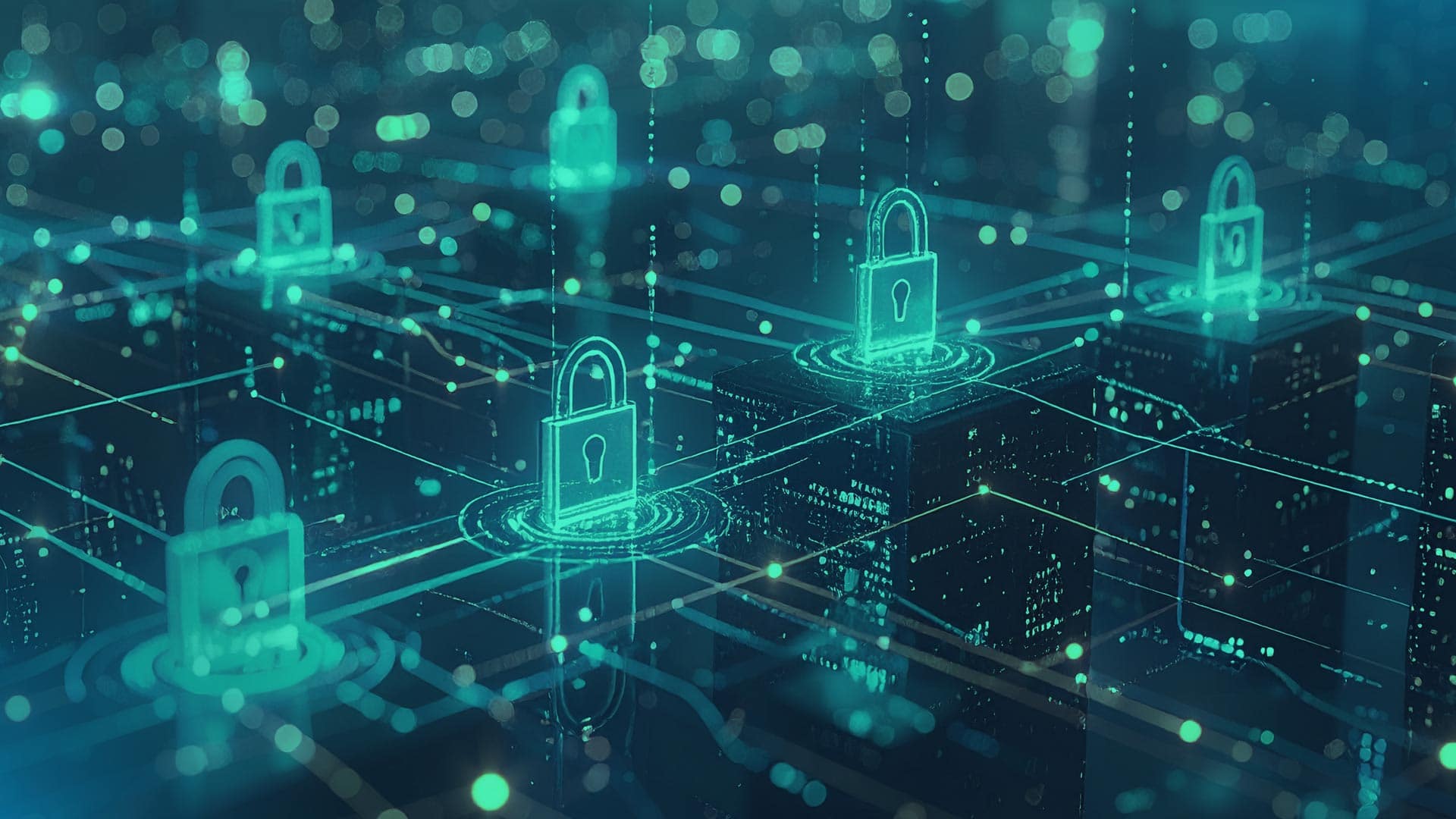 Digital padlocks connected across a cyber security network