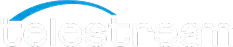White Telestream company wordmark with blue curved accent