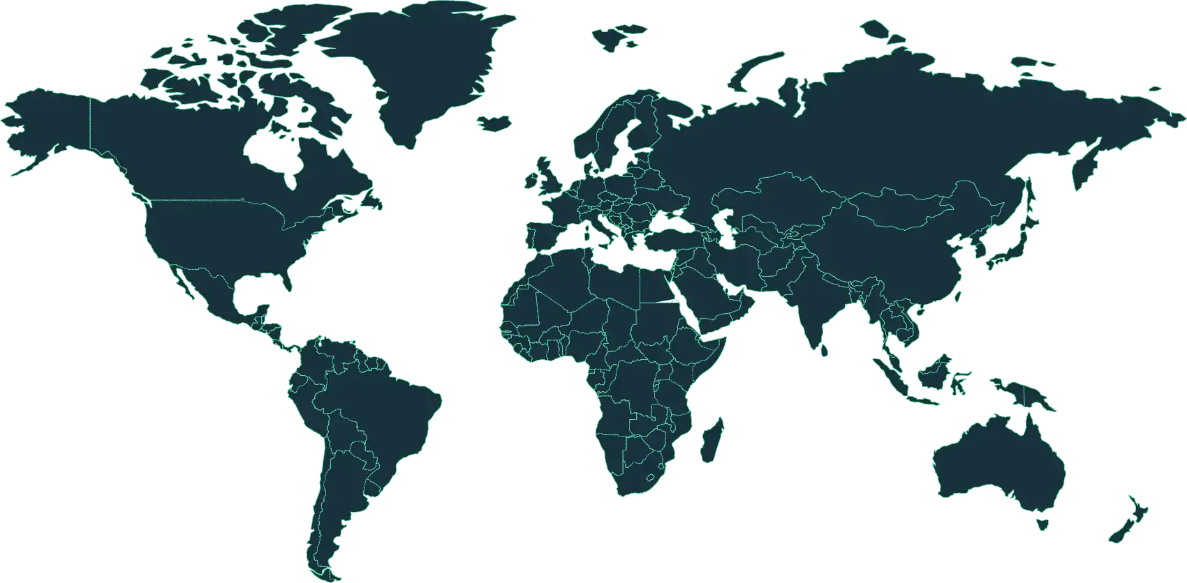 Dark outlined world map showing national borders on a transparent background