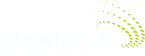 White Signiant company wordmark with green dotted accent